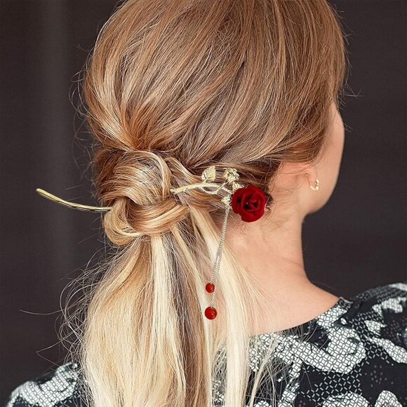 Retro Rose Flower Hair Clips Metal Pearl Tassel Hair Accessories for Women - Picture 8 of 8